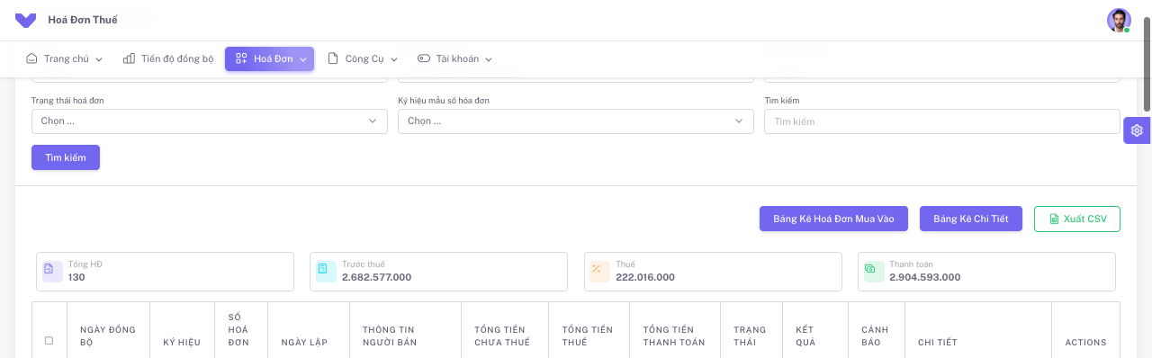 Màn hình hoá đơn với các nút Bảng kê hoá đơn mua vào, Bảng kê chi tiết và Xuất CSV, kèm bốn ô tổng hợp số liệu của kỳ.