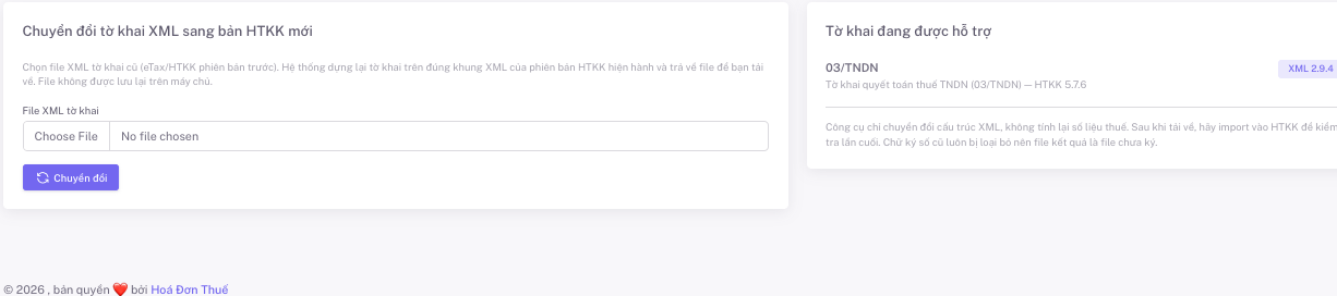 Công cụ chuyển đổi XML HTKK: ô chọn file tờ khai XML, nút Chuyển đổi và danh sách tờ khai đang được hỗ trợ.